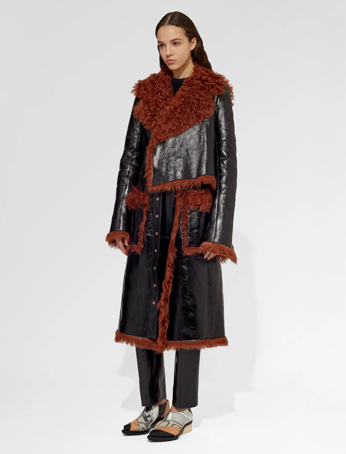 Lacquered Leather and Shearling Long 
