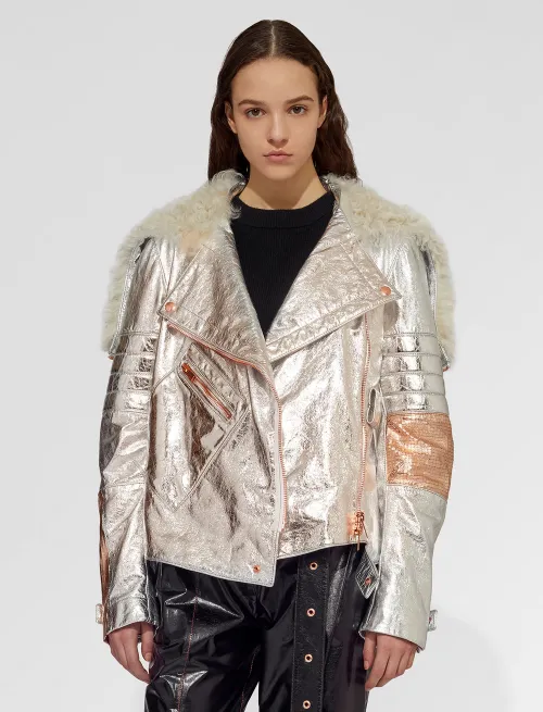 Metallic Leather Moto Jacket with Shearling