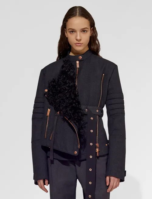 Belted Moto Jacket with Shearling Panel