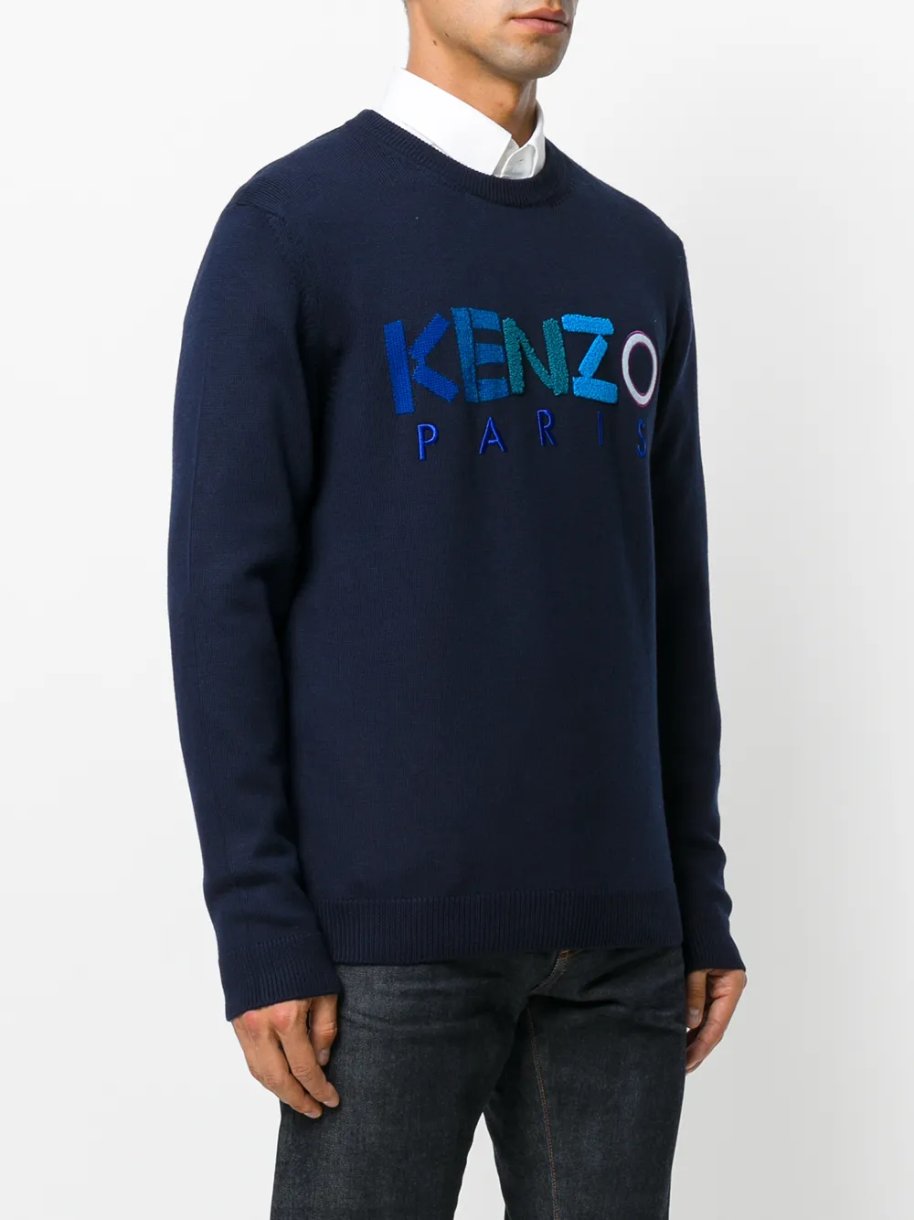  Kenzo Woll Sweatshirt Mit Logo Stickerei   Blau 