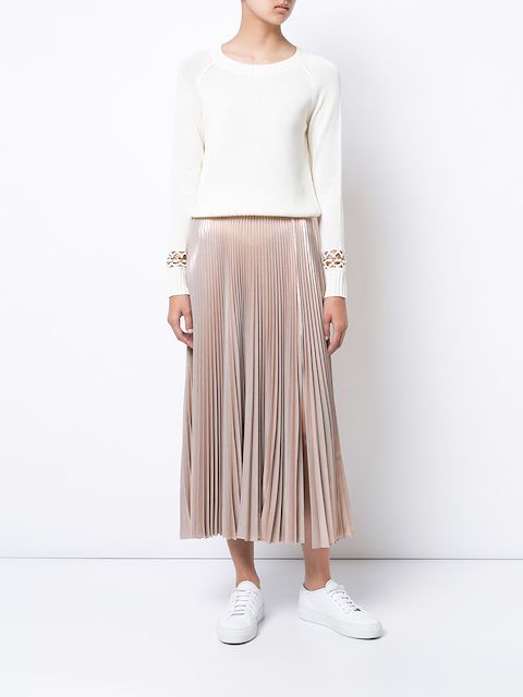 pink metallic pleated midi skirt