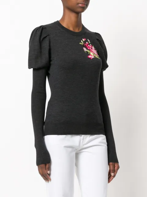 embroidered puff sleeve knit sweater