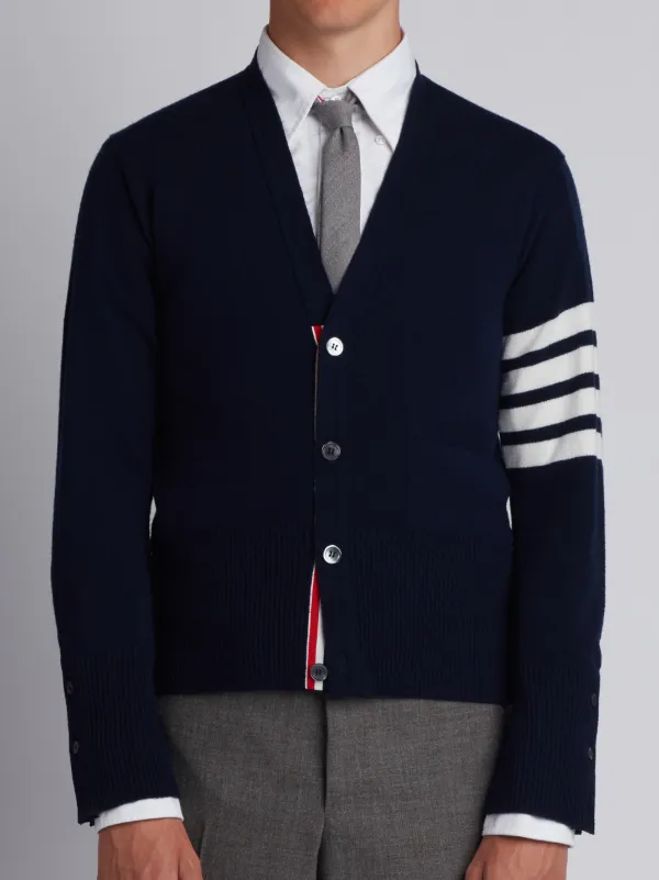 V-Neck Cardigan With 4-Bar Stripe In Navy Cashmere