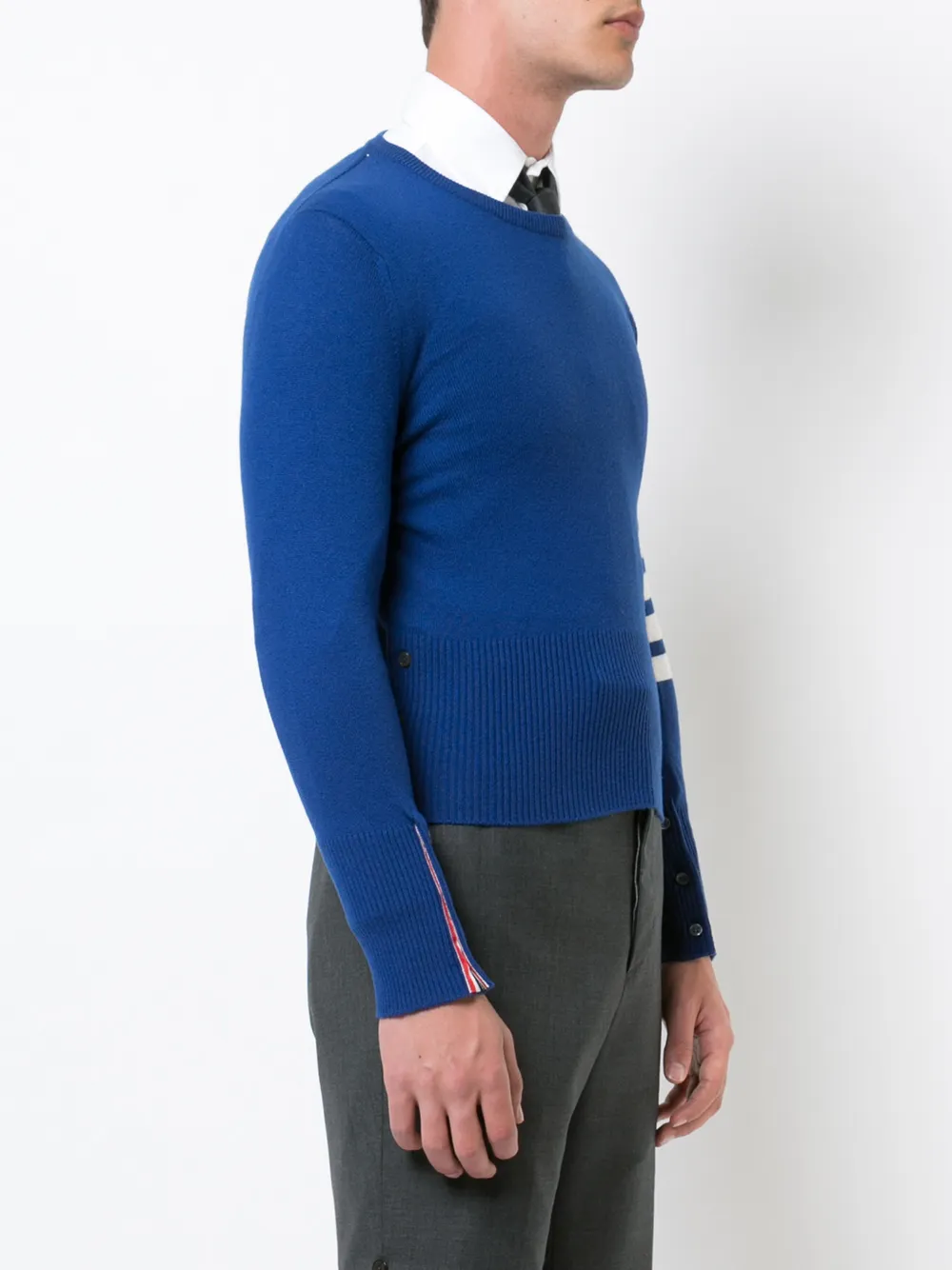 Thom Browne Short Crewneck Pullover With 4-Bar Stripe In Blue Cashmere Blauw