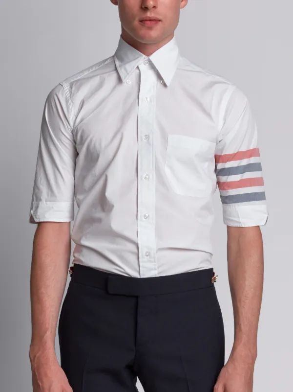 Short Sleeve Shirt With Woven 4-Bar Stripe In White Poplin