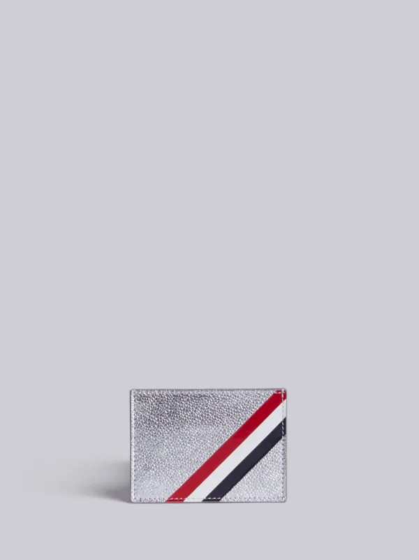 Single Card Holder With Red, White And Blue Diagonal Stripe In Silver Pebble Grain & Calf Leather