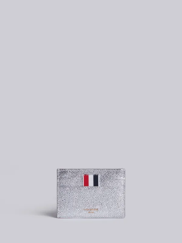 Single Card Holder With Red, White And Blue Diagonal Stripe In Silver Pebble Grain & Calf Leather