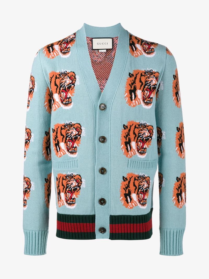 GUCCI TIGER JACQUARD WOOL CARDIGAN, MULTI | ModeSens