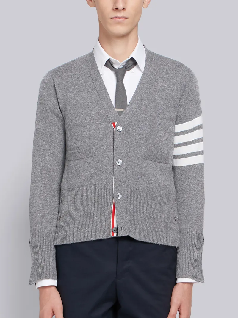 Light Grey Cashmere V-neck 4-Bar Cardigan | Thom Browne Official