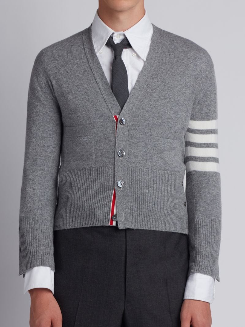 Short V-Neck Cardigan With 4-Bar Stripe In Light Grey Cashmere