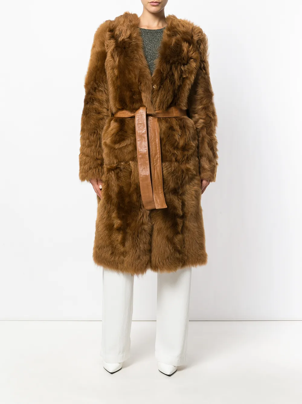  Rochas Lammfellmantel Mit Gürtel   Braun 