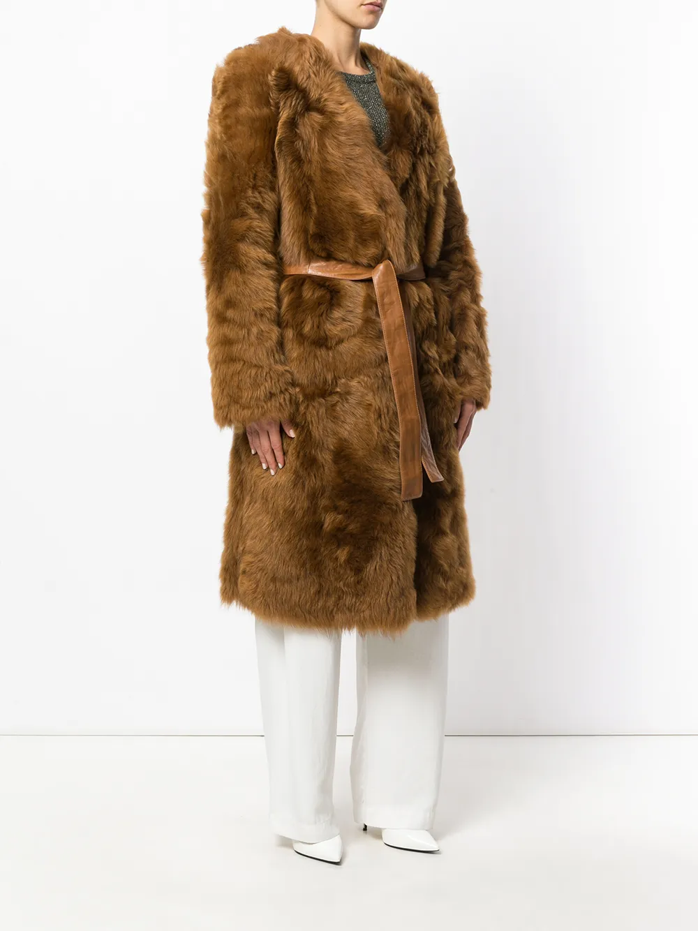  Rochas Lammfellmantel Mit Gürtel   Braun 