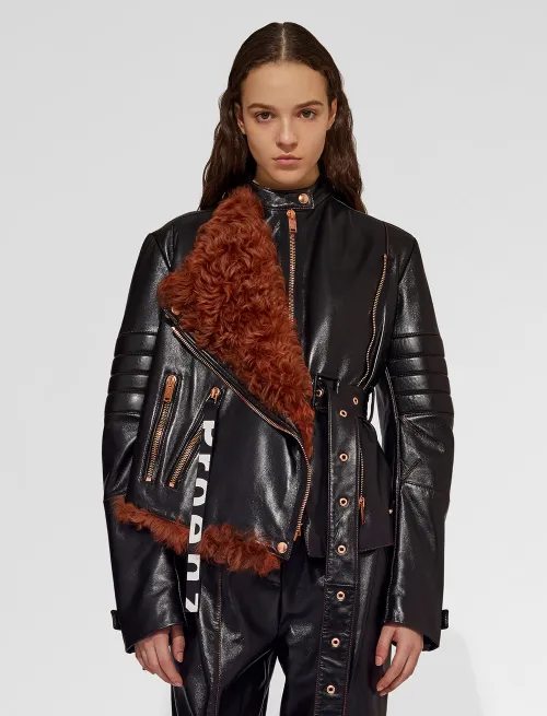 Leather Belted Moto Jacket with Shearling Panel
