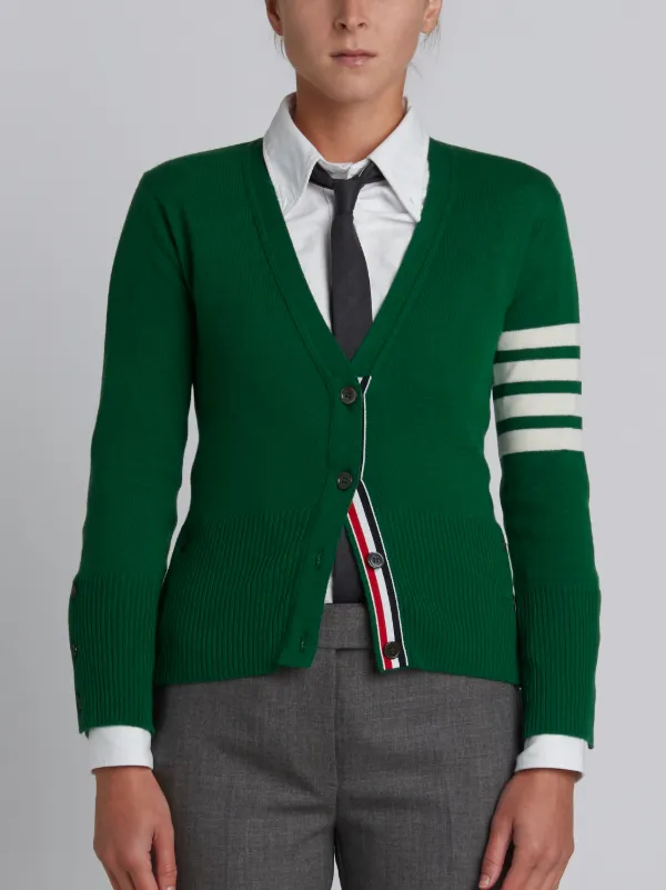 Classic V-Neck Cardigan with 4-Bar Stripe in Green Cashmere