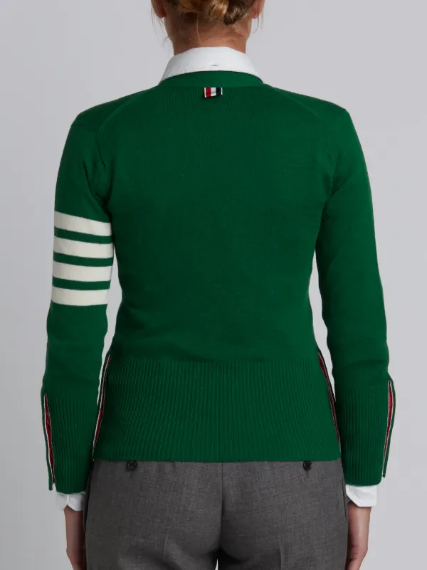 Classic V-Neck Cardigan with 4-Bar Stripe in Green Cashmere