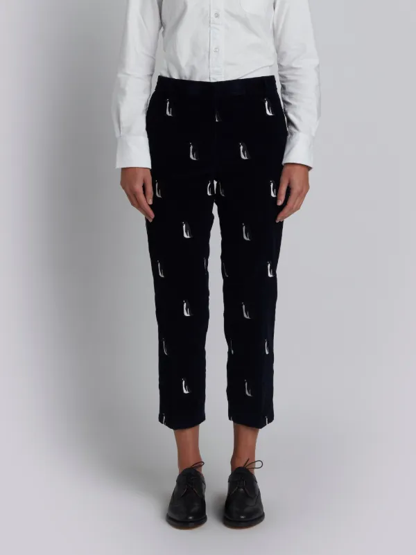 Beltloop Trouser With Penguin Embroidery In Navy Fine Wale Corduroy