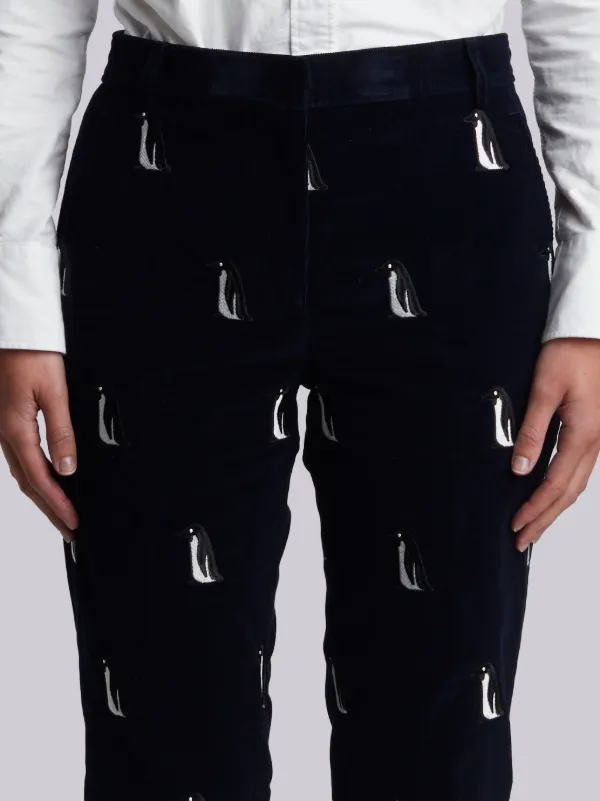 Beltloop Trouser With Penguin Embroidery In Navy Fine Wale Corduroy