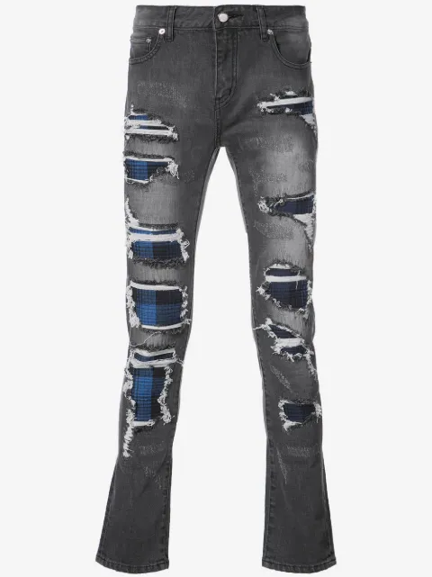 God's Masterful Children Strati plaid panel distressed jeans