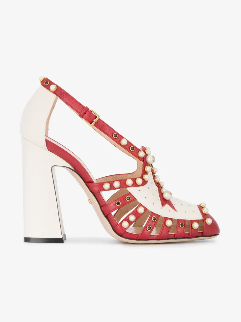 GUCCI TRACY FAUXPEARL EMBELLISHED LEATHER PUMPS, DK.RED/WHT ModeSens