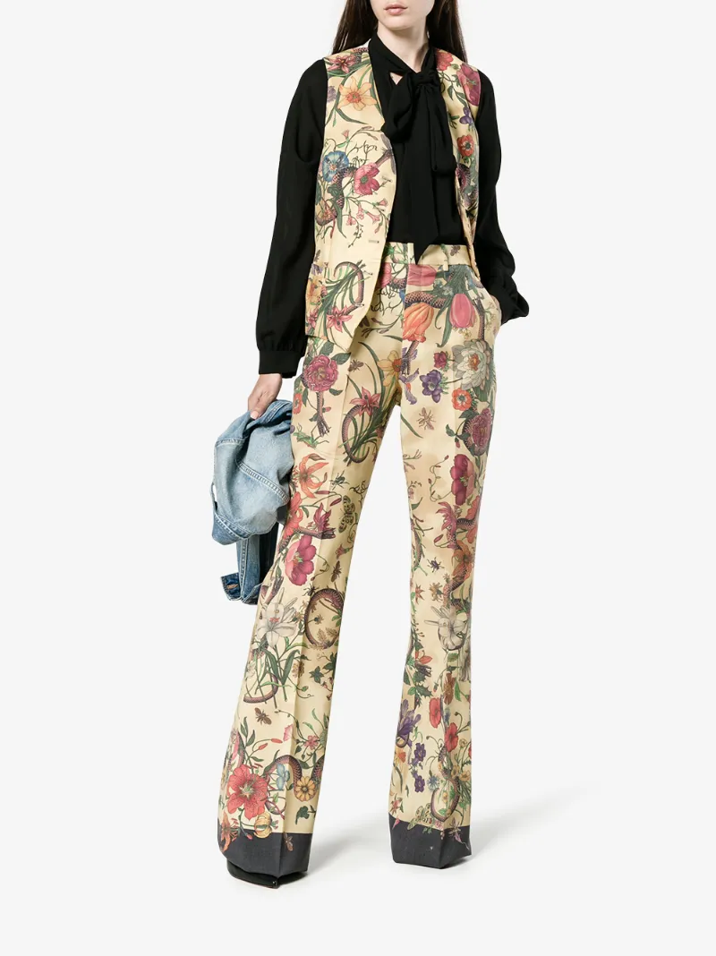 GUCCI GUCCI HIGH-RISE FLARED FLORAL SNAKE PRINT TROUSERS