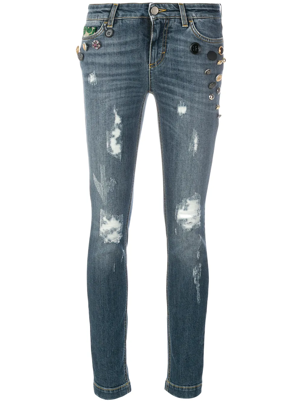 Dolce & Gabbana button embellished and brocade appliqué distressed jeans | Blue | Image 1