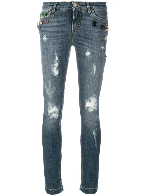 Dolce & Gabbana button embellished and brocade appliqué distressed jeans