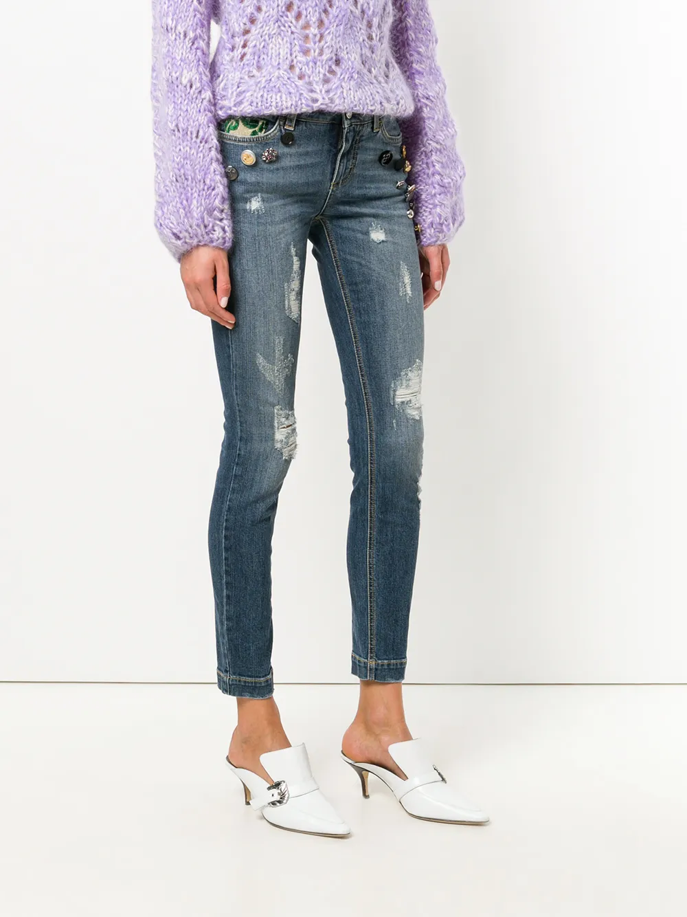 Dolce & Gabbana knoop versierde en brokaat geappliqueerde jeans Blauw