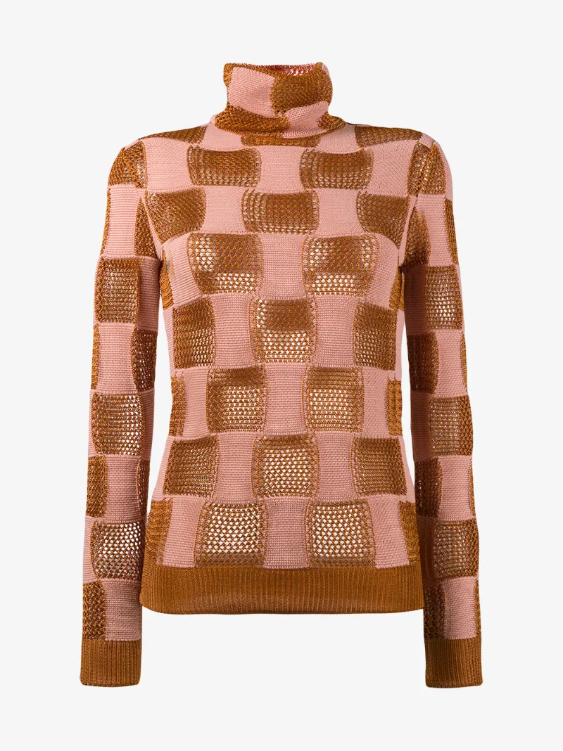 MARNI Checker Open-Knit Turtleneck Sweater, Pink/Red | ModeSens