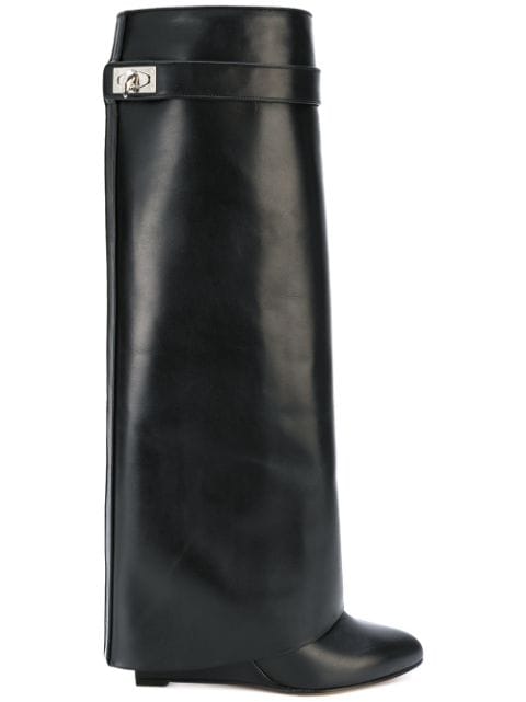 Givenchy Shark Lock Knee-High Leather Wedge Boots In Black | ModeSens