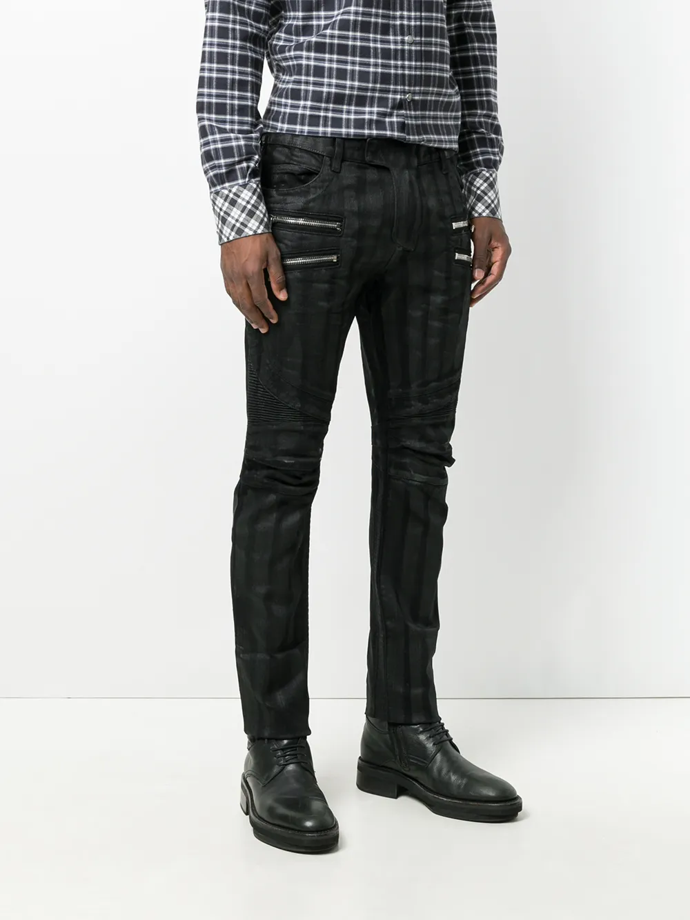 Balmain Vaqueros Estilo Biker Revestidos - Negro 