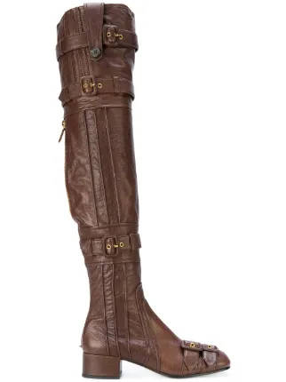 Brown Prada Thigh high Buckle Boots Brown Prada leather boots Farfetch