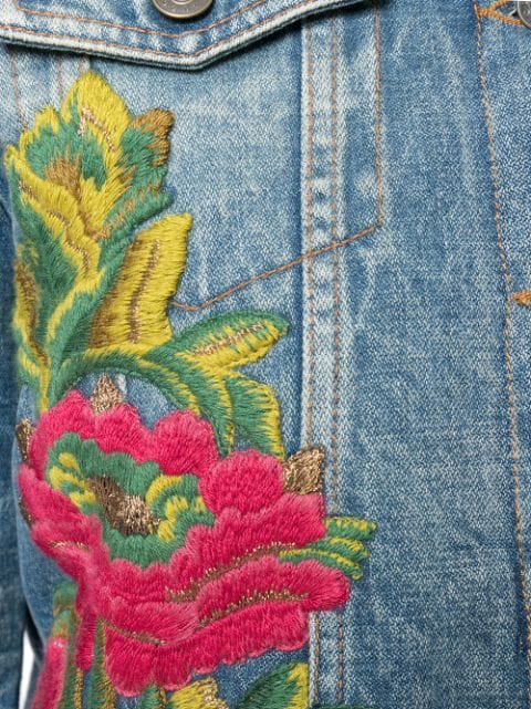 GUCCI Floral-Embroidered Denim Jacket W/ Shearling Fur, Blue | ModeSens