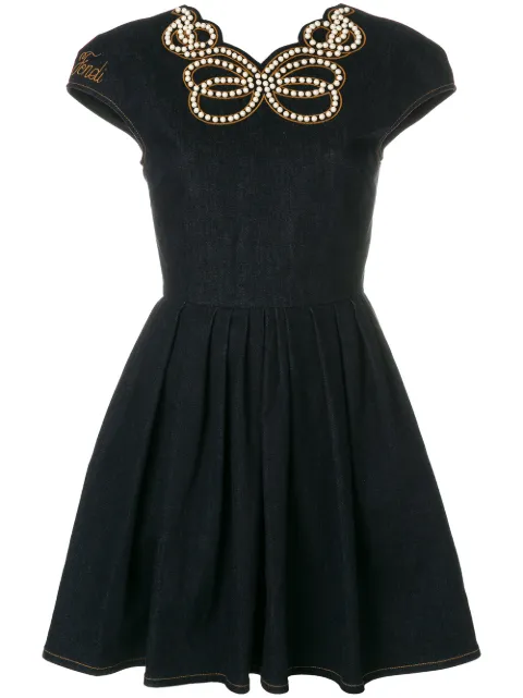 Click to view more detailed imagery on our partner's website Fendi Cap-sleeve Pearly Beaded Cocktail Dress In Blue