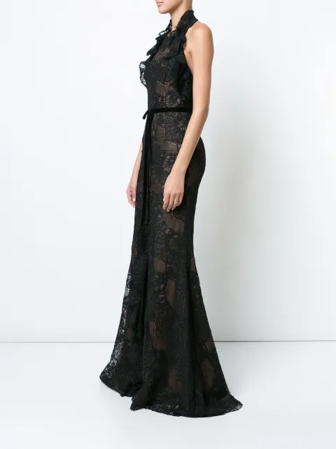 marchesa notte boatneck multicolor guipure gown
