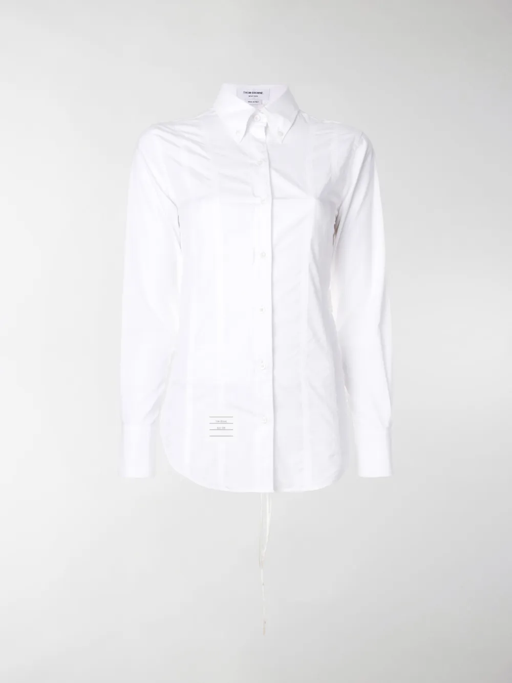 Image of Thom Browne Lace-up Back Long Sleeve Button Down Point Collar Shirt In Solid Poplin