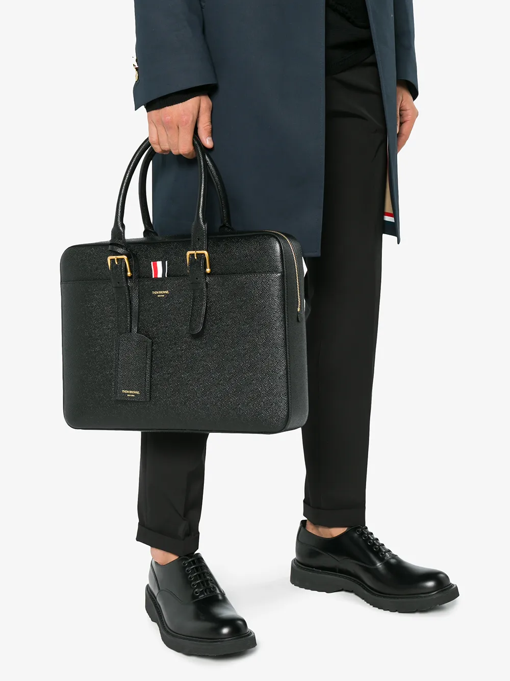 Thom Browne - Pebble Grain Leather Stripe Snap Soft Tote - One Size - Black - Male