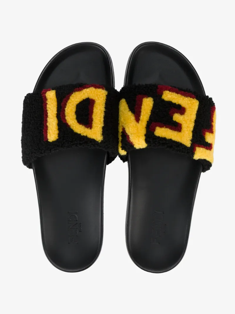 FENDI LOGO PATCHWORK SHEARLING SLIDE SANDALS, BLACK | ModeSens