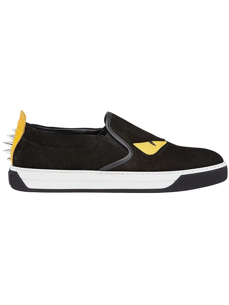FENDI MONSTER PATCHES SUEDE SLIP-ON SNEAKERS, BLACK | ModeSens