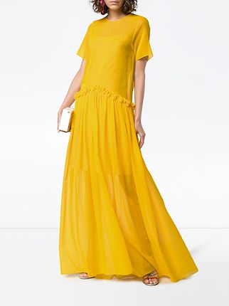 semi sheer ruffle long silk dress展示图