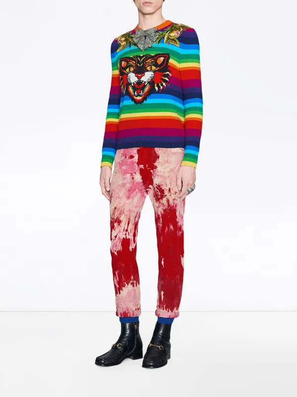 striped wool intarsia sweater with appliqués