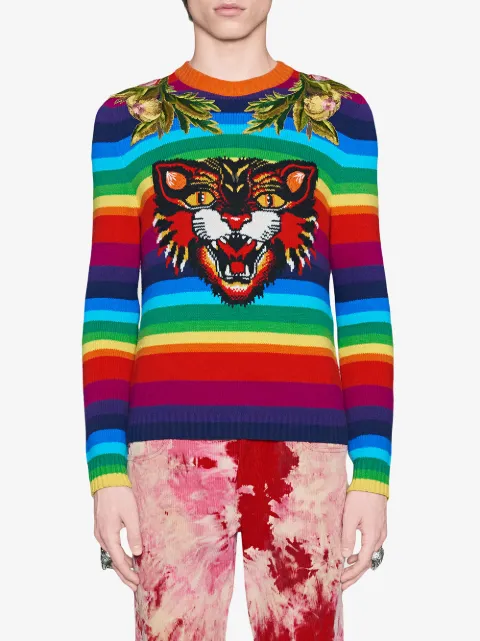 striped wool intarsia sweater with appliqués