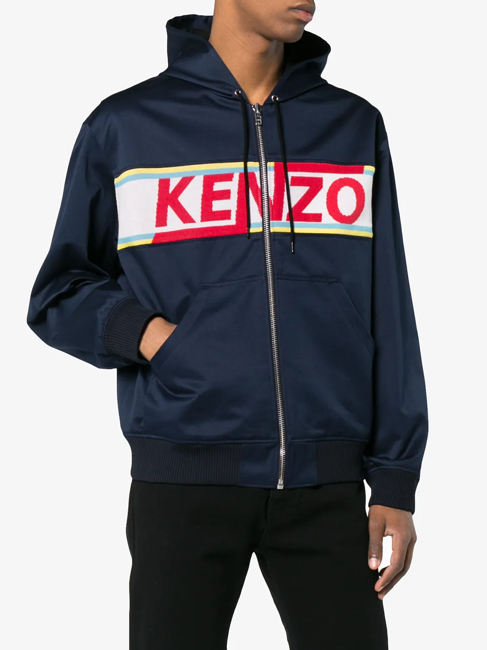 Kenzo logo panelled cotton zip-up hoodie Blauw