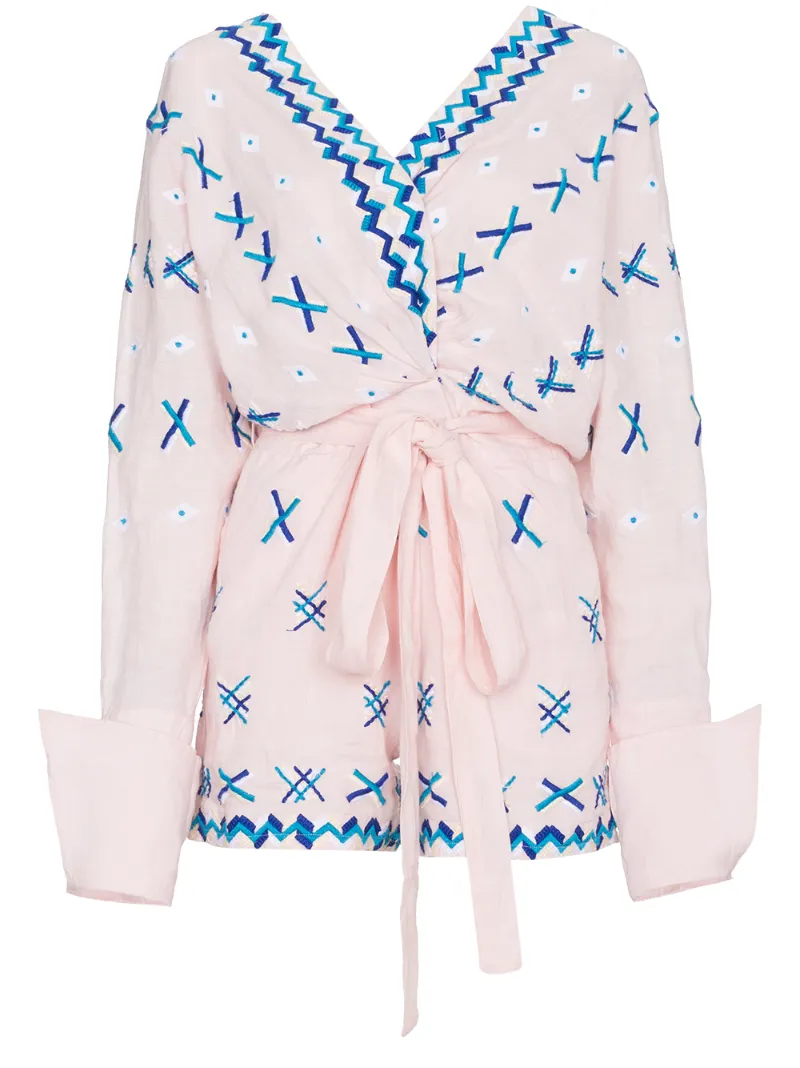 Magda Embroidered Linen Playsuit - women - Linen/Flax/Cotton - XS, S, M, L - PINK & PURPLE