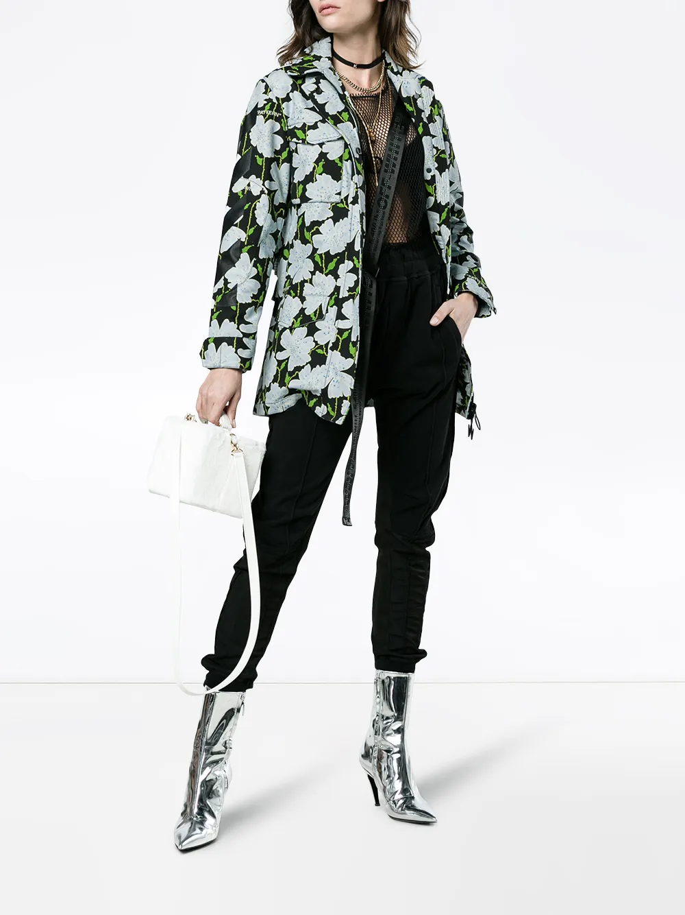  Off White Florale Military Jacke   Schwarz 