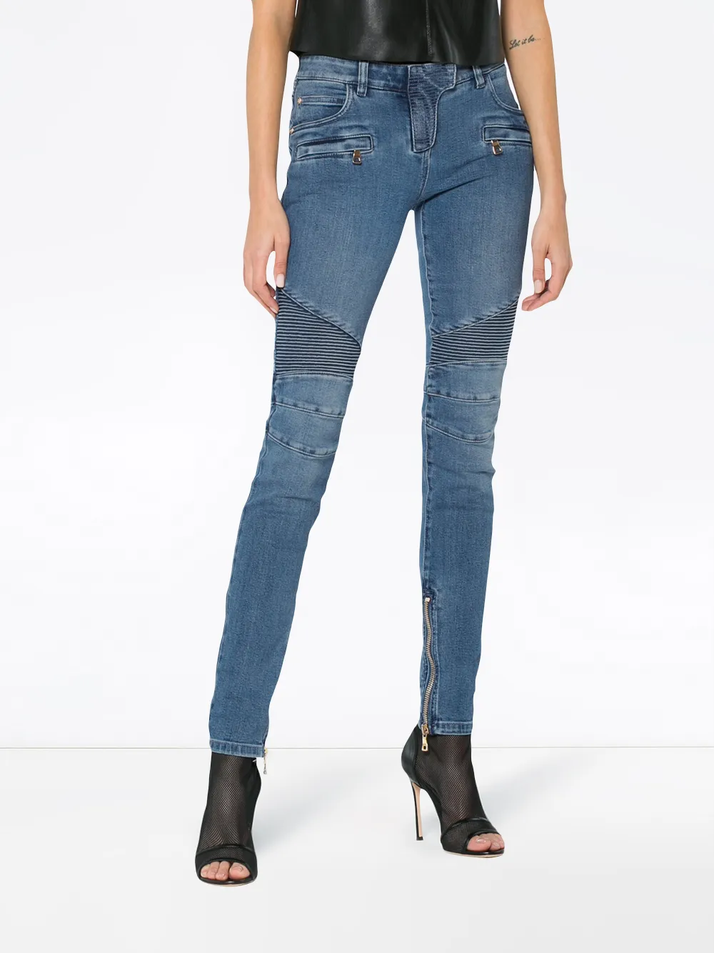Balmain Blue Moto Skinny Jeans Blauw