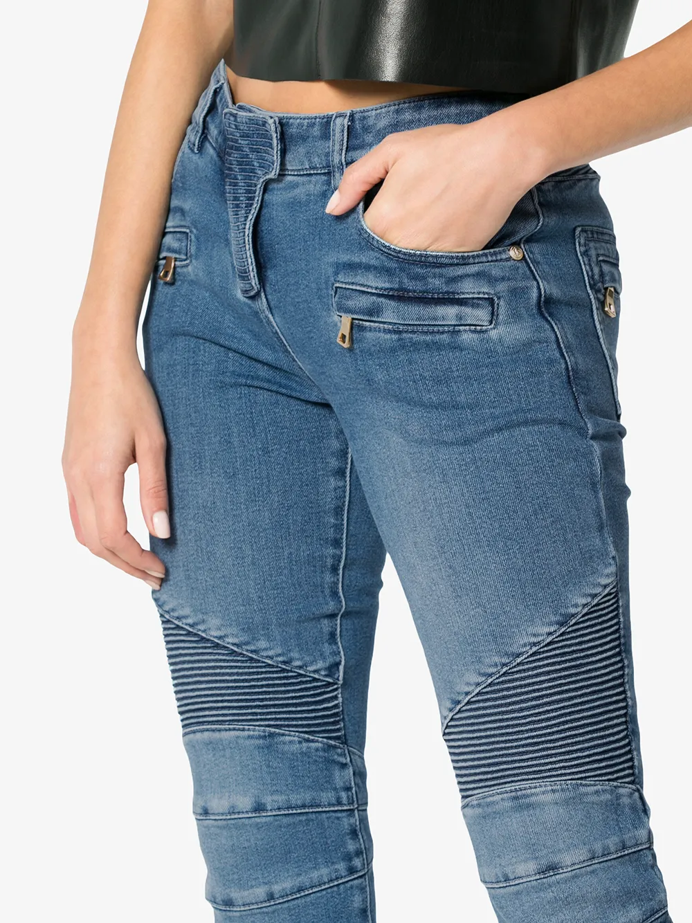 Balmain Blue Moto Skinny Jeans Blauw