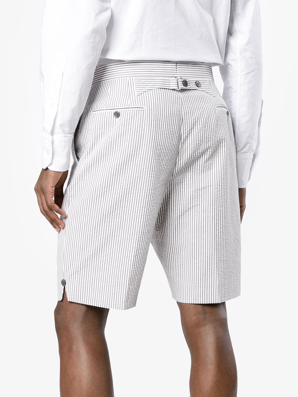 Shop Thom Browne Striped Linen Shorts In Grey