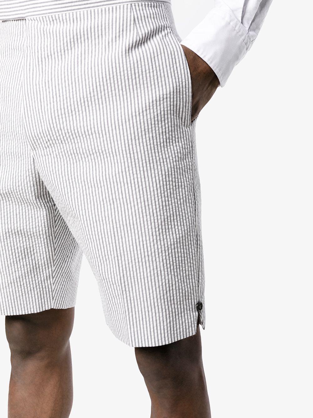 Shop Thom Browne Striped Linen Shorts In Grey