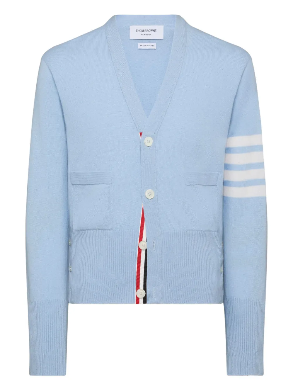 Thom Browne CLASSIC V-NECK CARDIGAN WITH WHITE 4-BAR STRIPE IN CASHMERE | Blue | Image 1