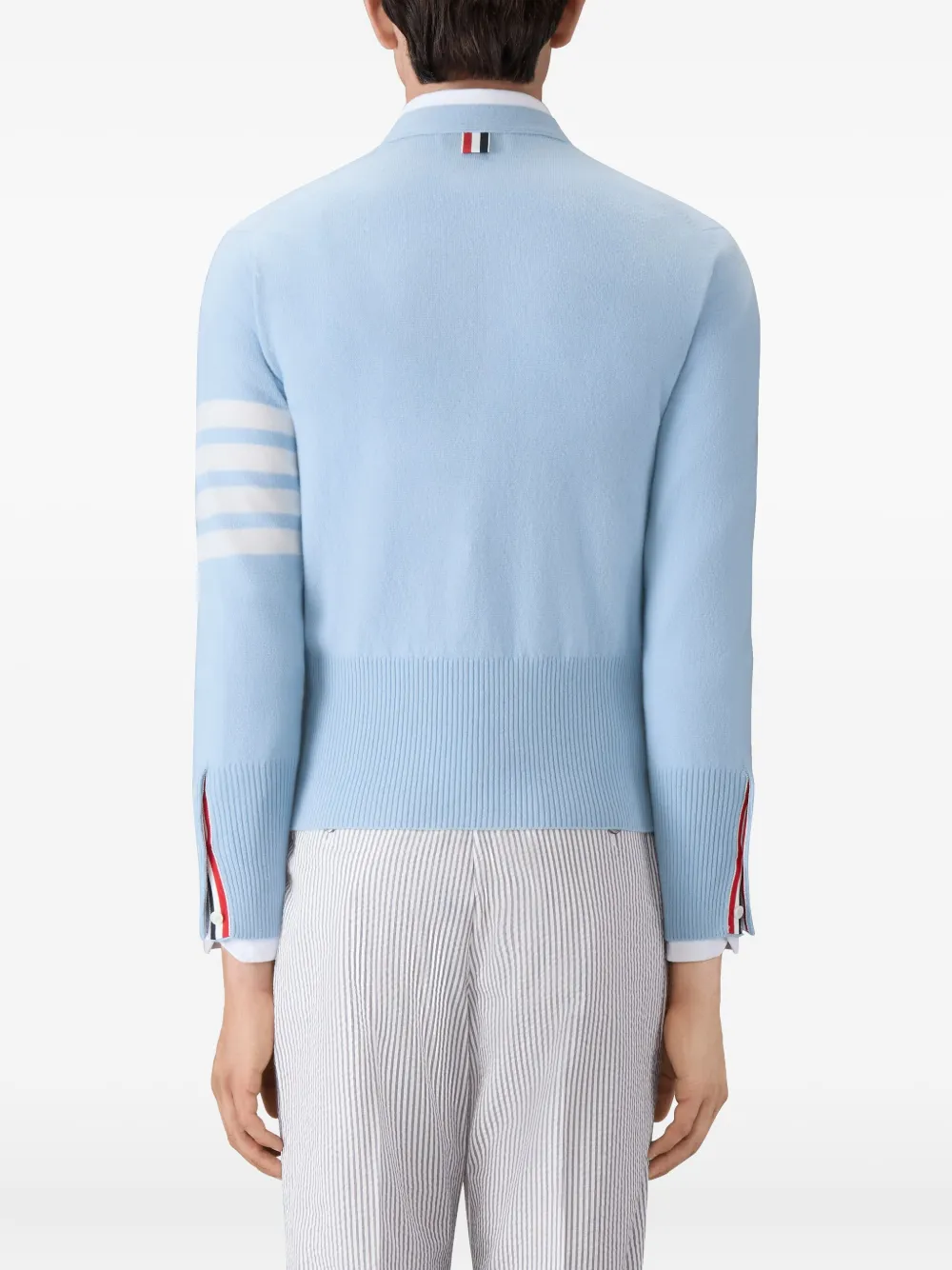  Thom Browne Classic V Neck Cardigan With White 4 Bar Stripe In Cashmere   Blau 